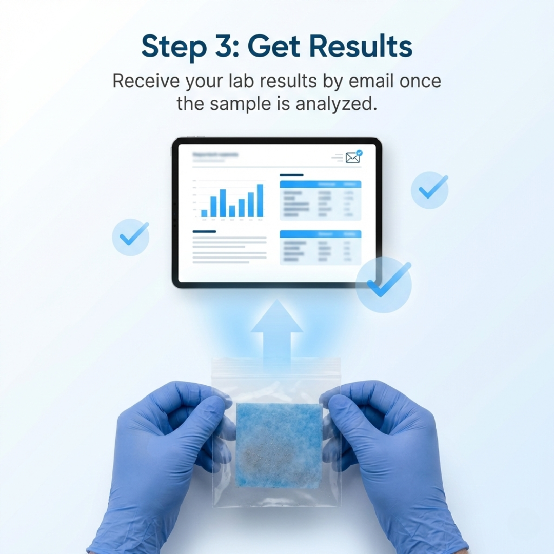 Hands in blue gloves holding a sample bag with a tablet displaying lab results on a light blue background.