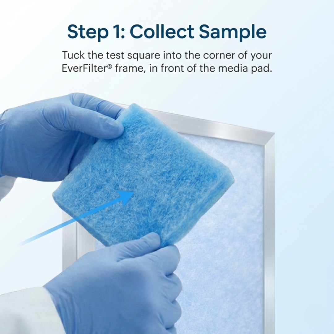 Person wearing gloves holding a blue filter square with text on how to collect a sample for air quality test.