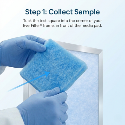 Person wearing gloves holding a blue filter square with text on how to collect a sample for air quality test.