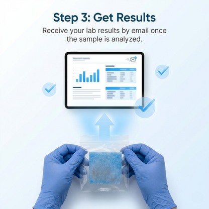 Hands in blue gloves holding a sample bag with a tablet displaying lab results on a light blue background.
