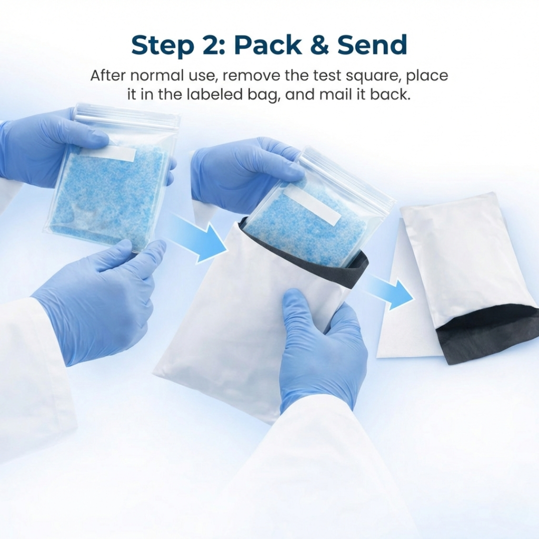 Hands in blue gloves packaging a test square into a labeled bag with text on how to mail air filter sample for testing.